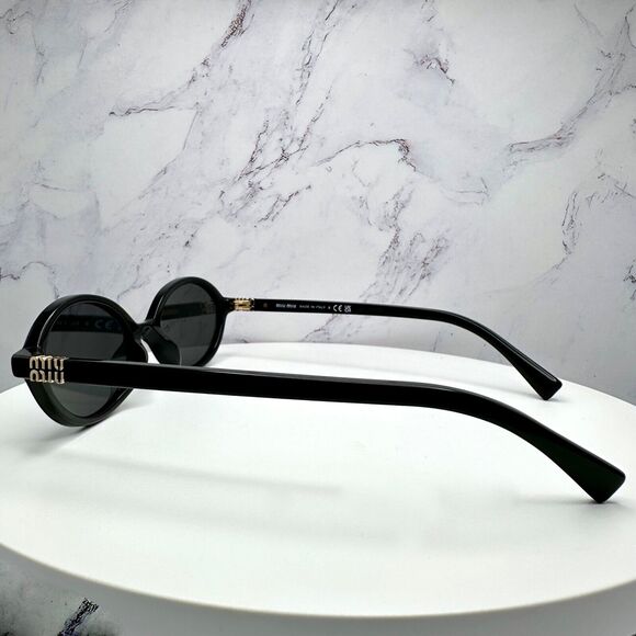 New MIU MIU Sunglasses Black Acetate Slim Round Gold Metal Logo Authentic Women - Picture 11 of 16